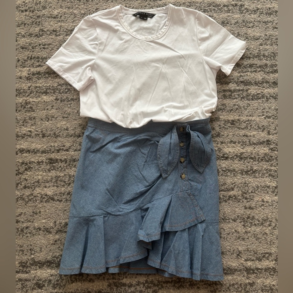 Veronica Beard Blue Denim Mini Skirt with Ruffle and Button Detail